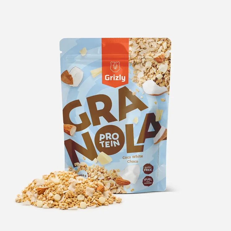 Granola mit Protein, weißer Schokolade und Kokos